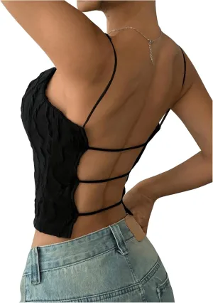 WDIRARA Women's Cut Out Backless Cami Top Sexy Spaghetti Strap Textured Camisole Crop Top