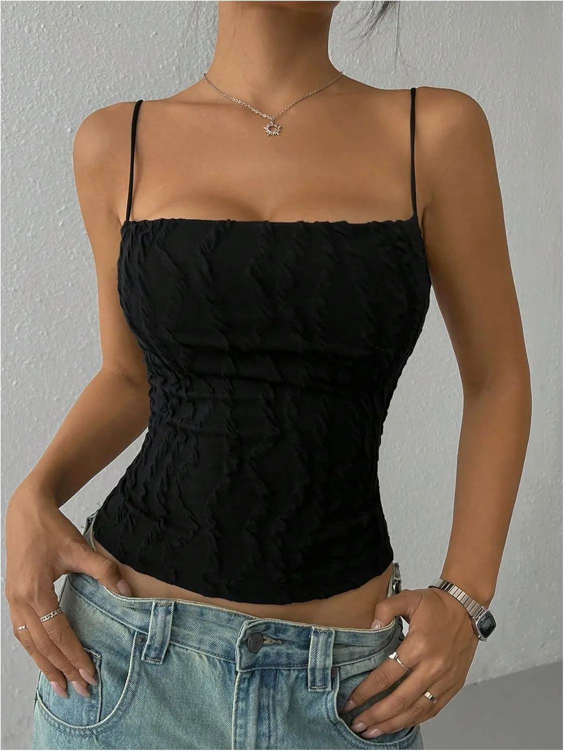 WDIRARA Women's Cut Out Backless Cami Top Sexy Spaghetti Strap Textured Camisole Crop Top