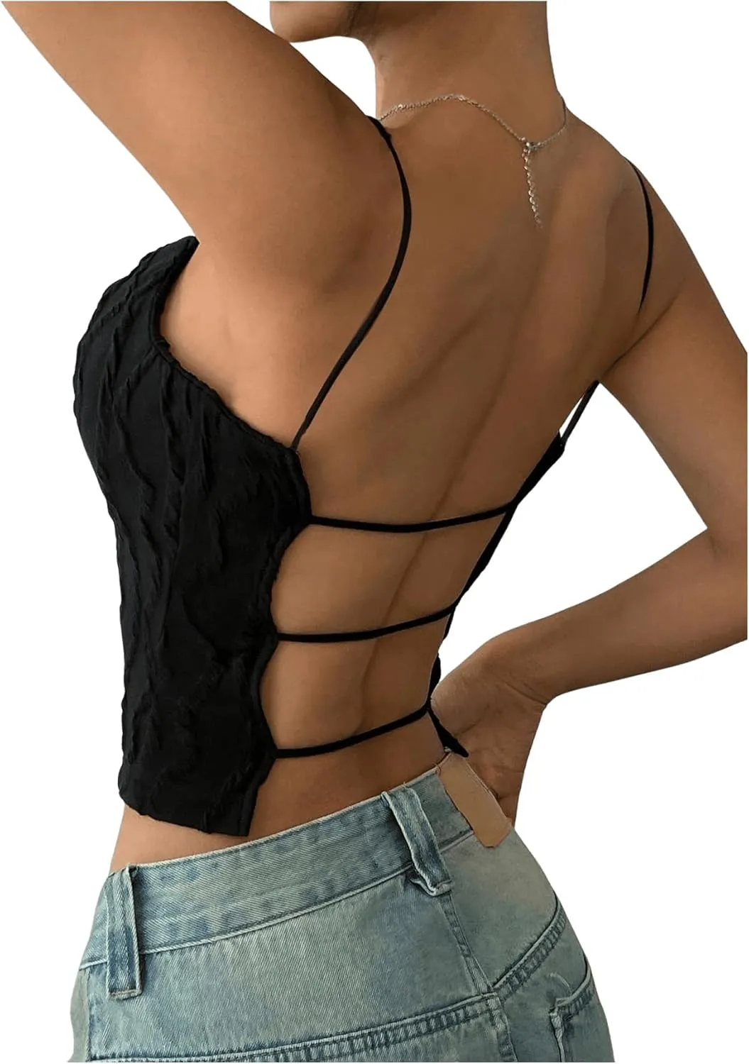 WDIRARA Women's Cut Out Backless Cami Top Sexy Spaghetti Strap Textured Camisole Crop Top