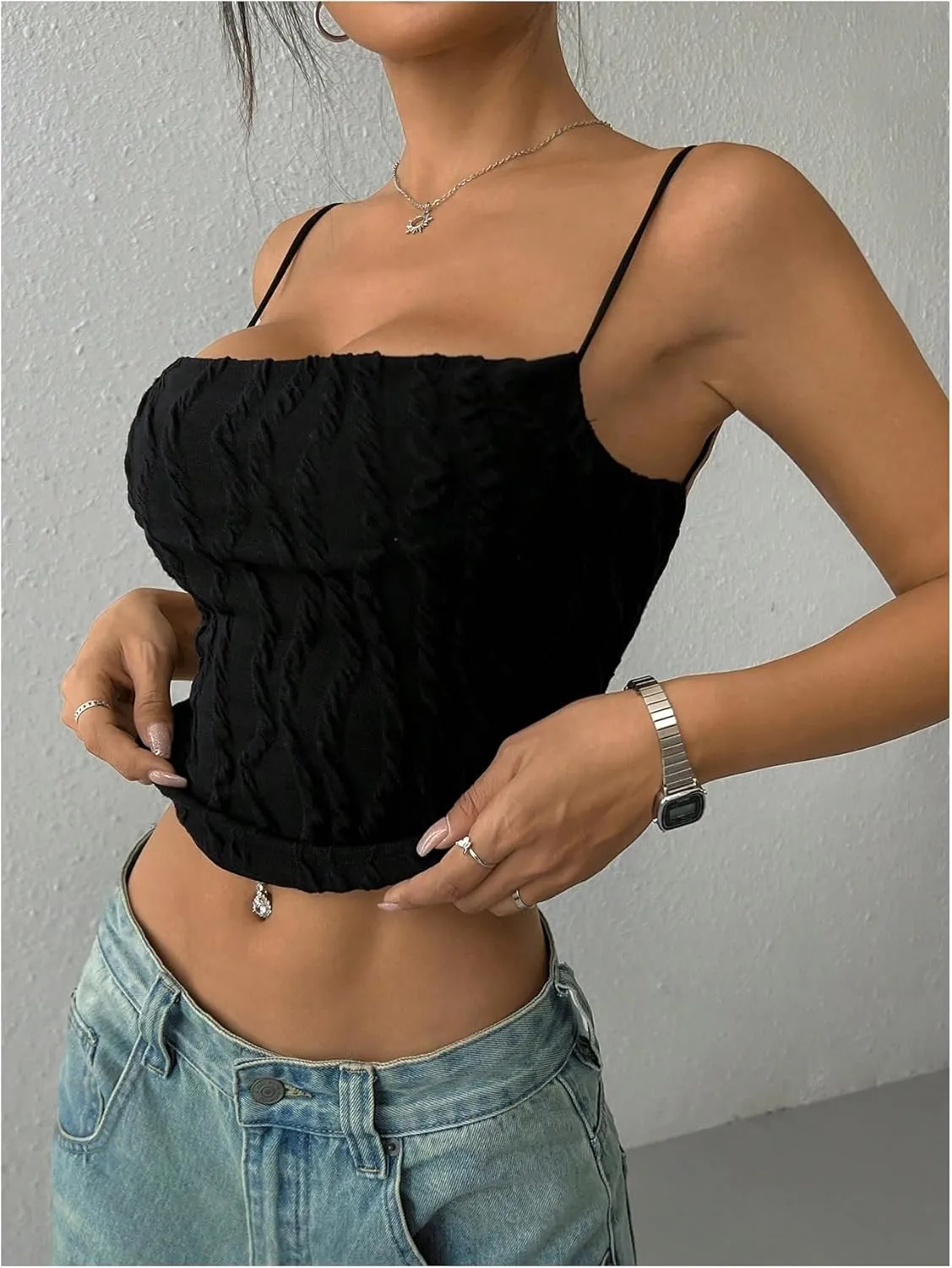 WDIRARA Women's Cut Out Backless Cami Top Sexy Spaghetti Strap Textured Camisole Crop Top