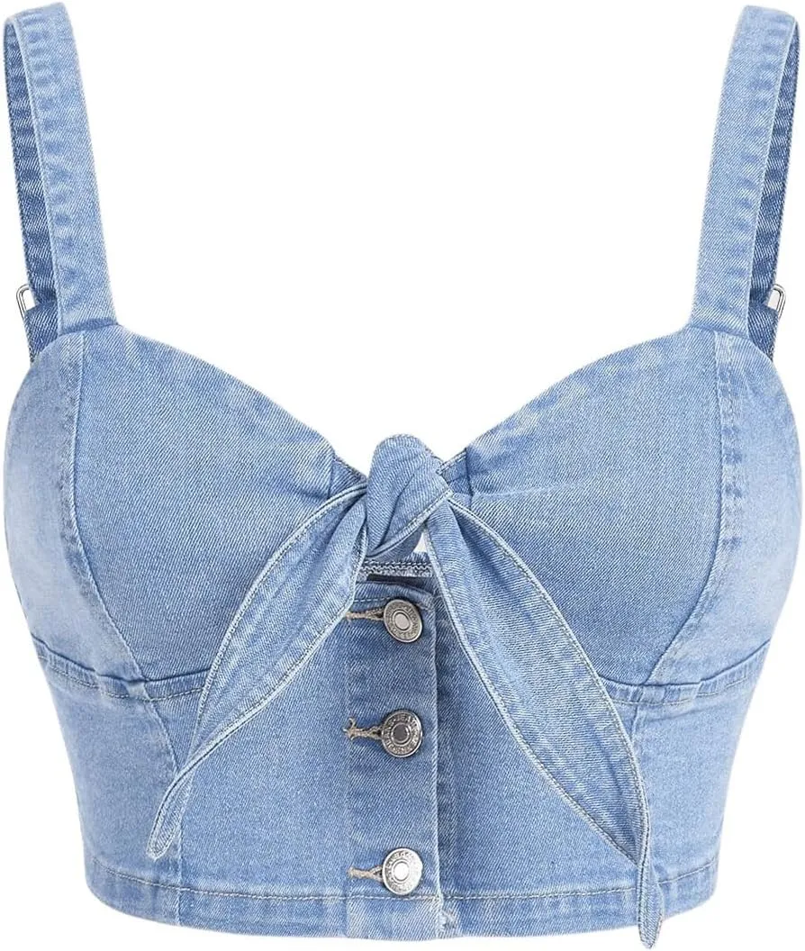 WDIRARA Women's Denim Tie Knot Tank Top Button Decor Sleeveless Y2k Jean Crop Top