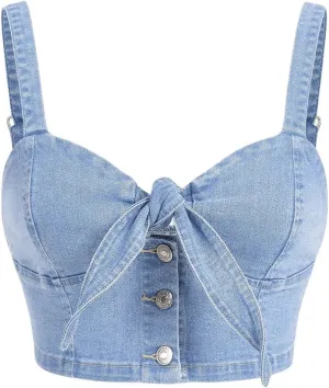 WDIRARA Women's Denim Tie Knot Tank Top Button Decor Sleeveless Y2k Jean Crop Top