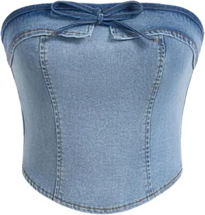 WDIRARA Women's Denim Tube Top Strapless Sleeveless Zip Back Bandeau Crop Top