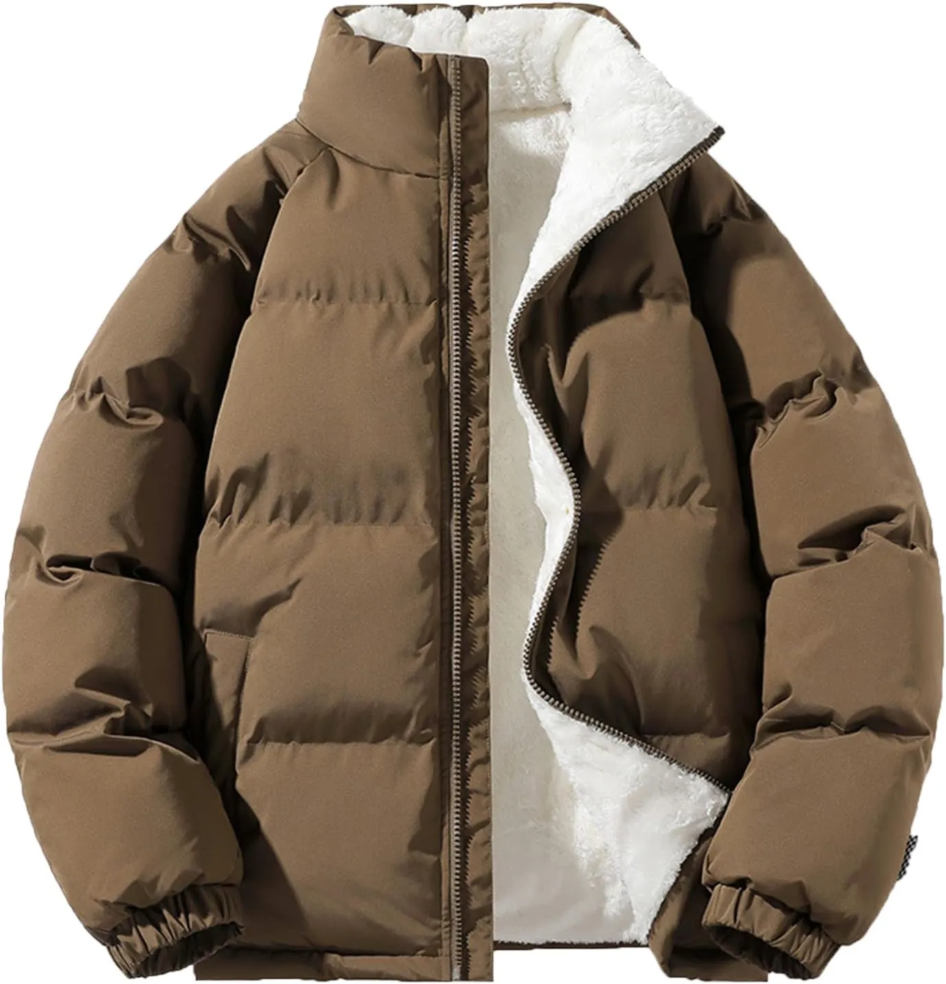 WENKOMG1 Down Jacket for Men Long Sleeve Winter Fall Lightweight Sherpa Lined Outerwear Zip Up Insulated Puffer Jacket