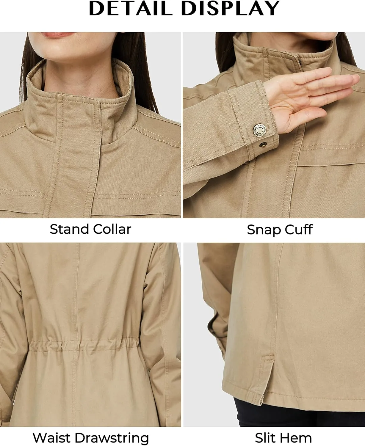 WenVen Women's Casual Military Jacket Cotton Stand Collar Utility Anorak Coat