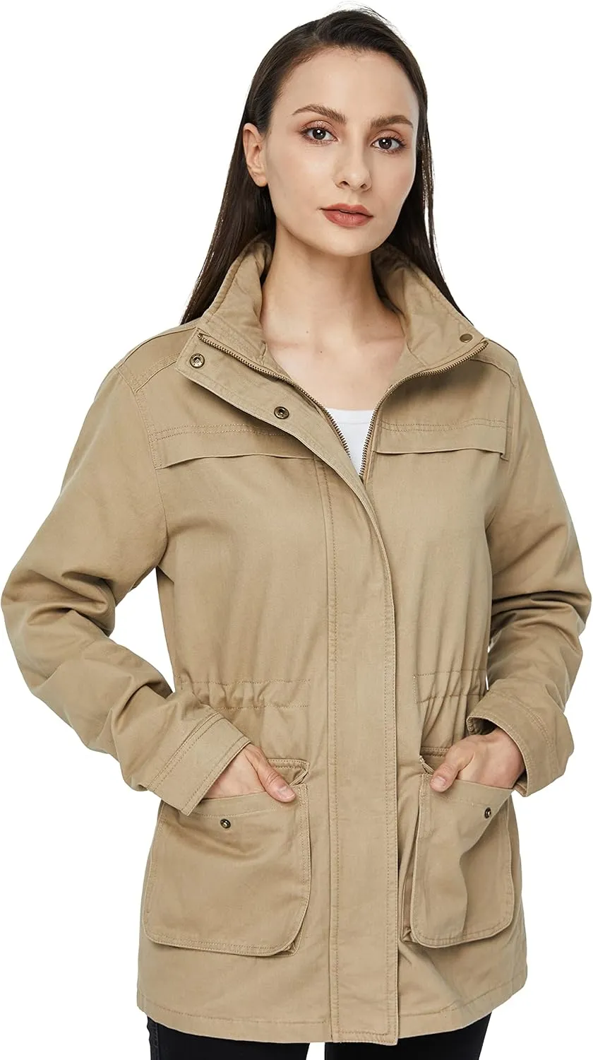 WenVen Women's Casual Military Jacket Cotton Stand Collar Utility Anorak Coat