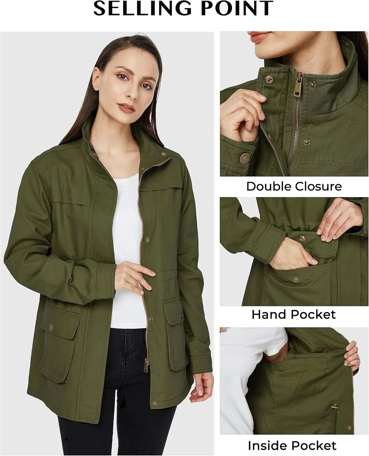 WenVen Women's Casual Military Jacket Cotton Stand Collar Utility Anorak Coat