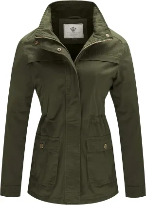WenVen Women's Casual Military Jacket Cotton Stand Collar Utility Anorak Coat