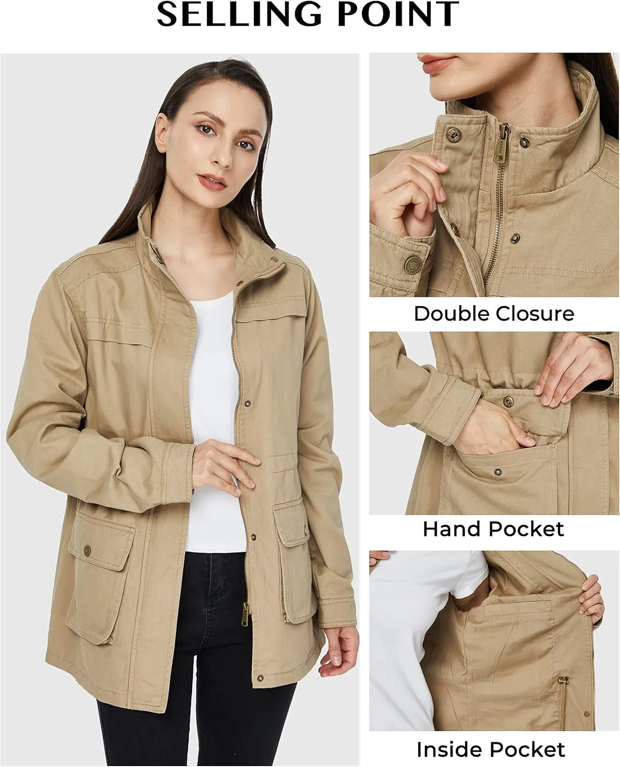 WenVen Women's Casual Military Jacket Cotton Stand Collar Utility Anorak Coat