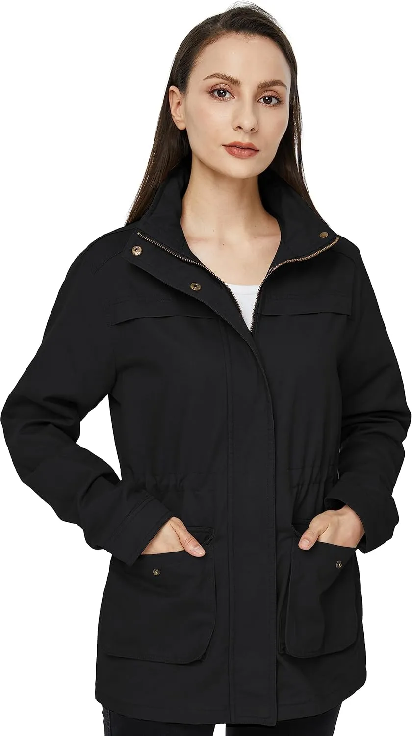 WenVen Women's Casual Military Jacket Cotton Stand Collar Utility Anorak Coat