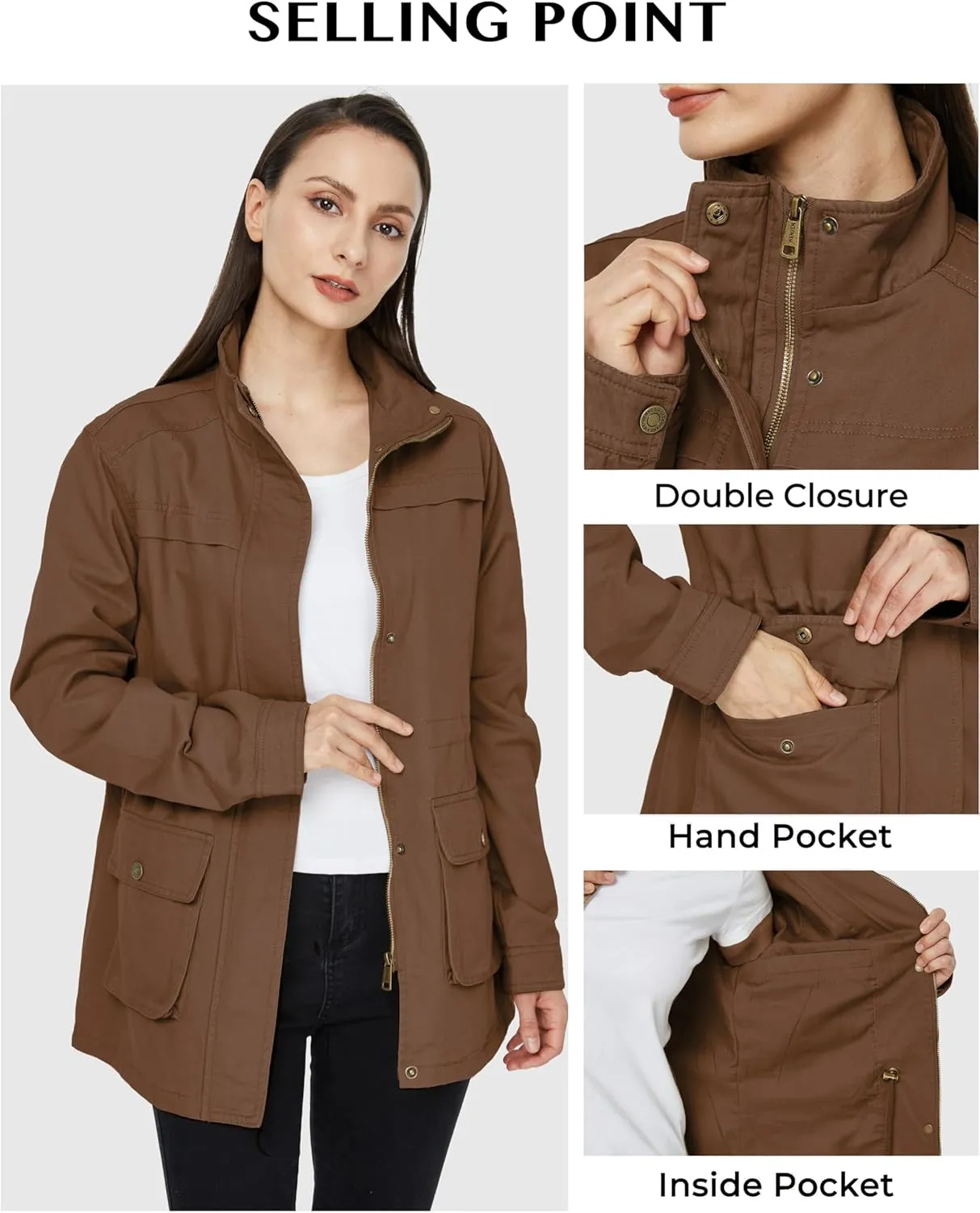 WenVen Women's Casual Military Jacket Cotton Stand Collar Utility Anorak Coat