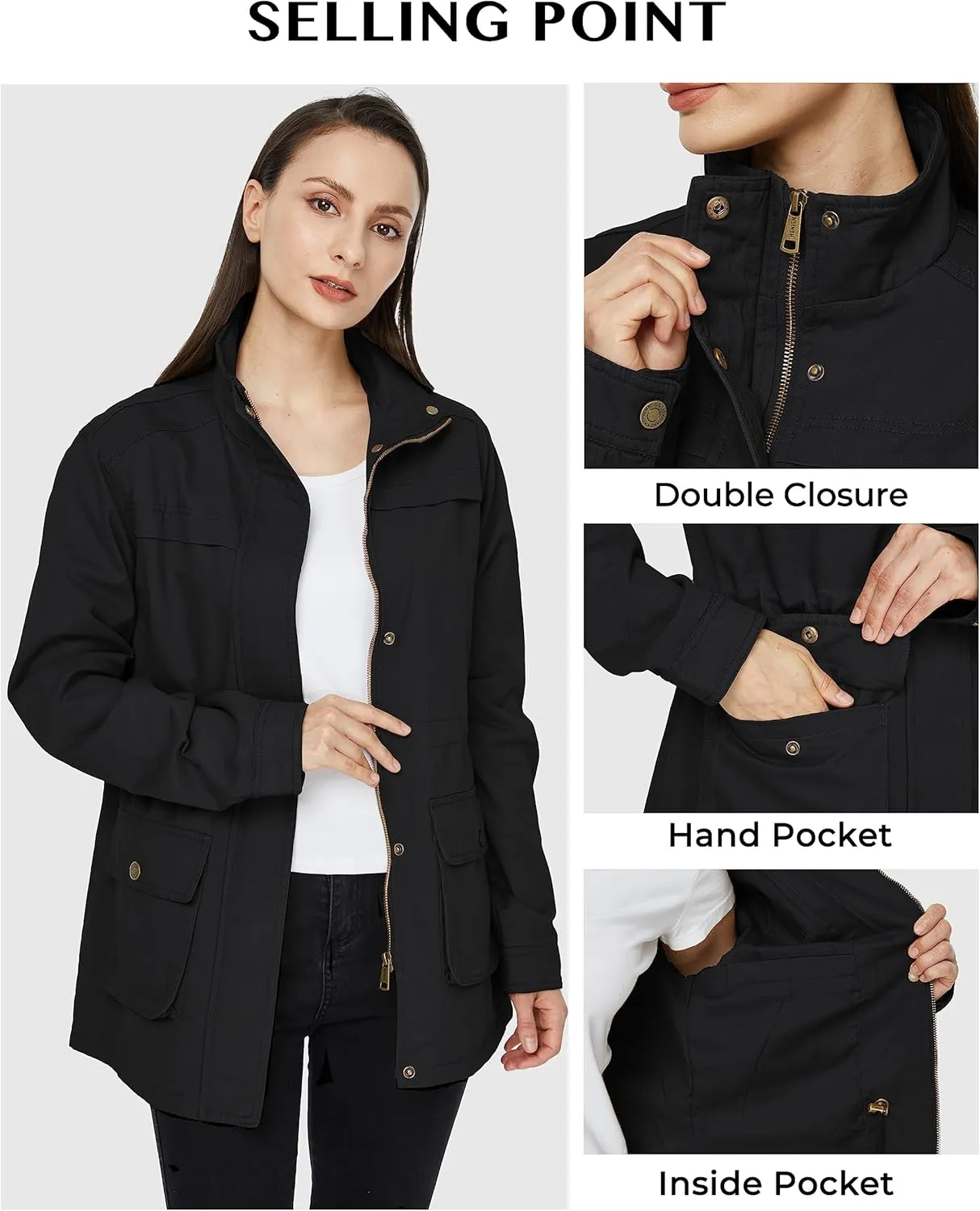 WenVen Women's Casual Military Jacket Cotton Stand Collar Utility Anorak Coat