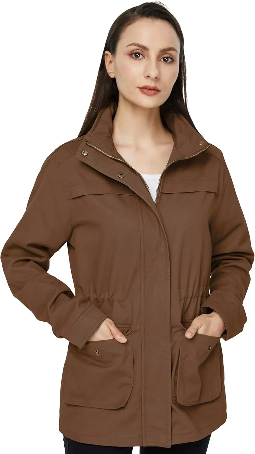 WenVen Women's Casual Military Jacket Cotton Stand Collar Utility Anorak Coat
