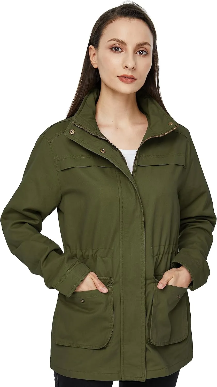 WenVen Women's Casual Military Jacket Cotton Stand Collar Utility Anorak Coat