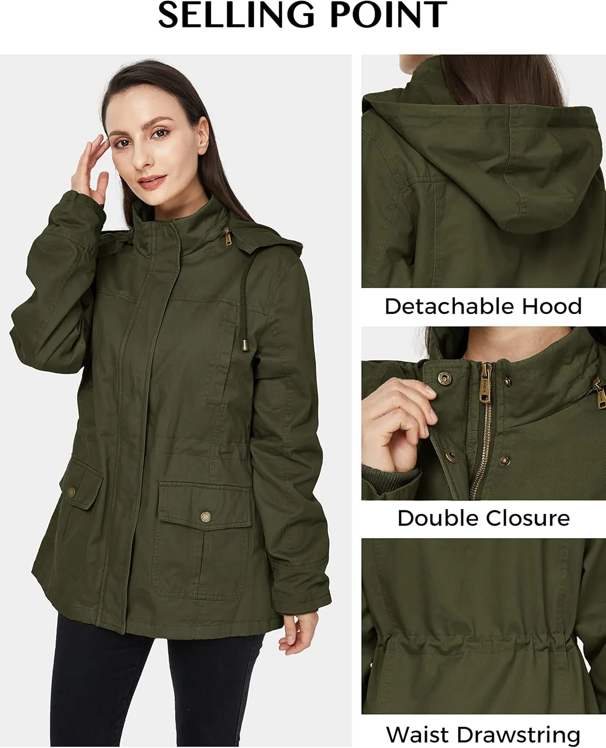 WenVen Women's Cotton Military Jacket Lightweight Casual Anorak Coat with Hood