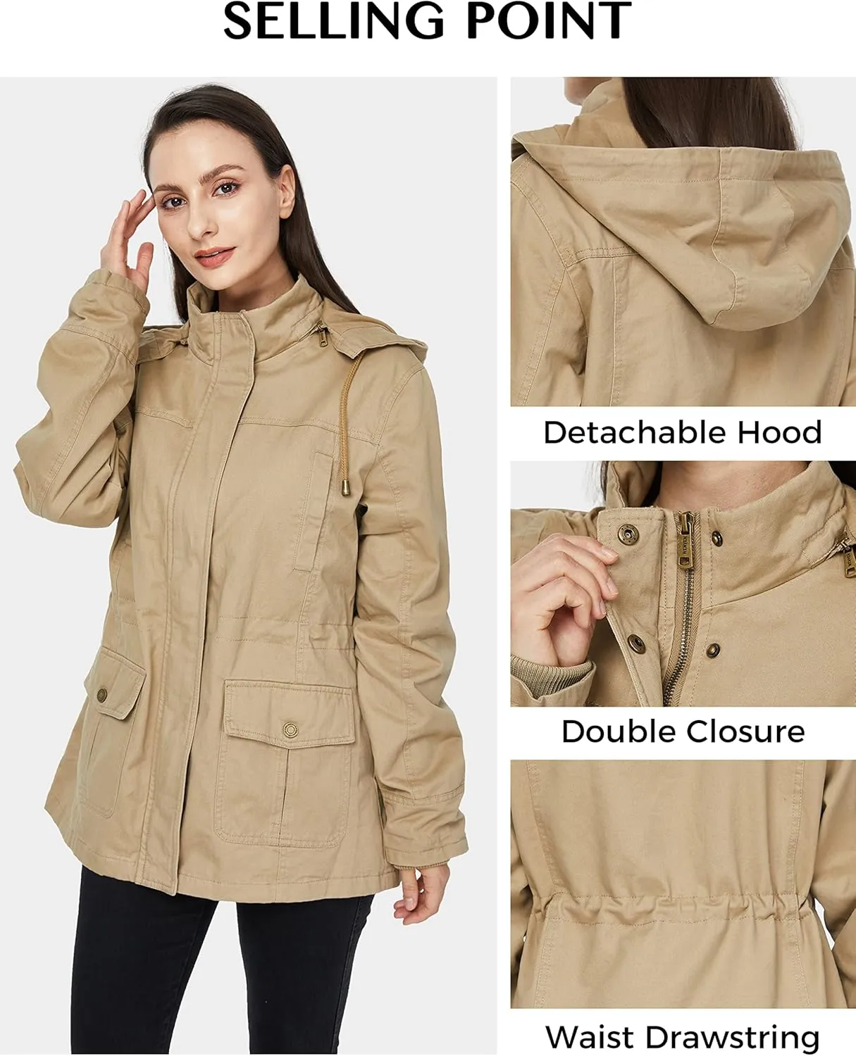 WenVen Women's Cotton Military Jacket Lightweight Casual Anorak Coat with Hood