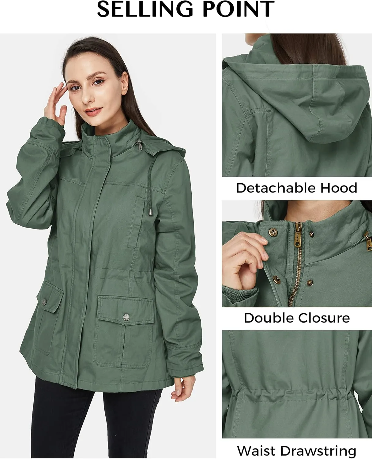 WenVen Women's Cotton Military Jacket Lightweight Casual Anorak Coat with Hood