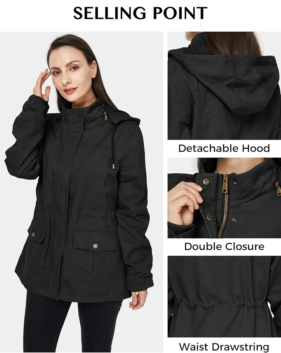 WenVen Women's Cotton Military Jacket Lightweight Casual Anorak Coat with Hood