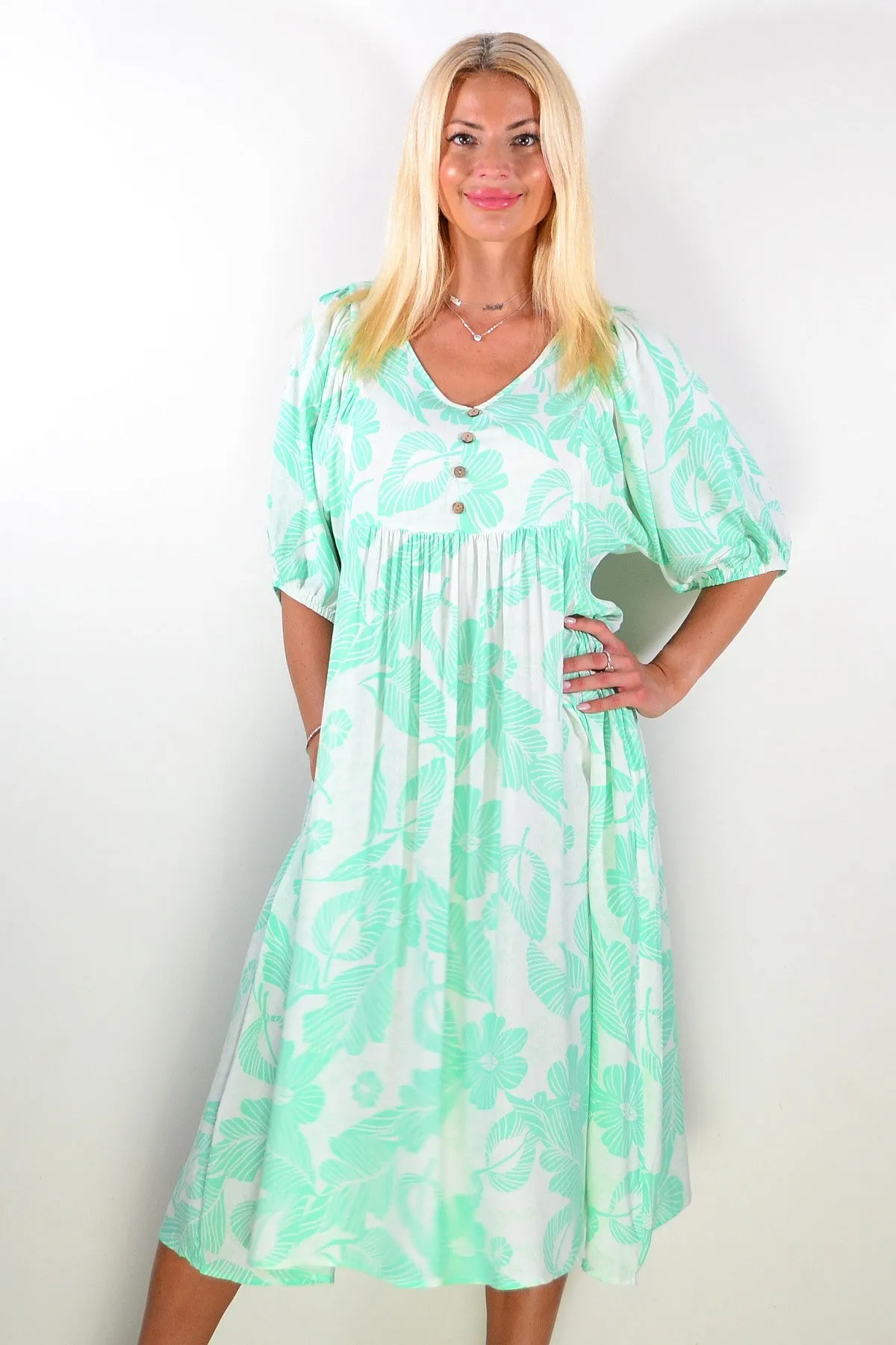 White Green Button Dress
