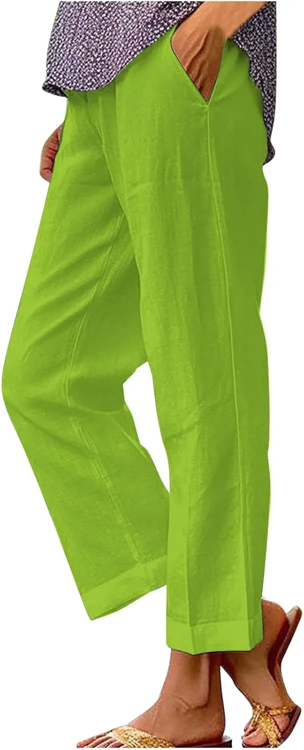White Linen Pants Women Elastic Pants Long Drawstring Linen Women Waist Cotton Casual Slit Trouser Legs Pants