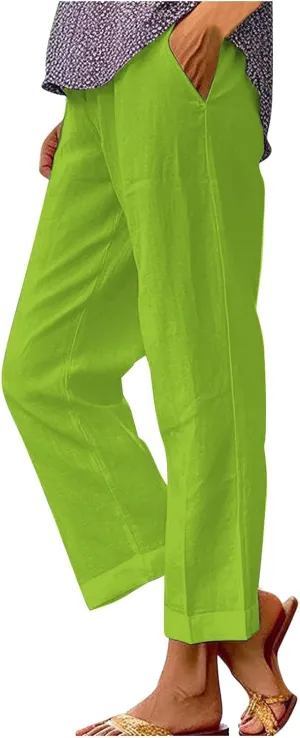 White Linen Pants Women Elastic Pants Long Drawstring Linen Women Waist Cotton Casual Slit Trouser Legs Pants