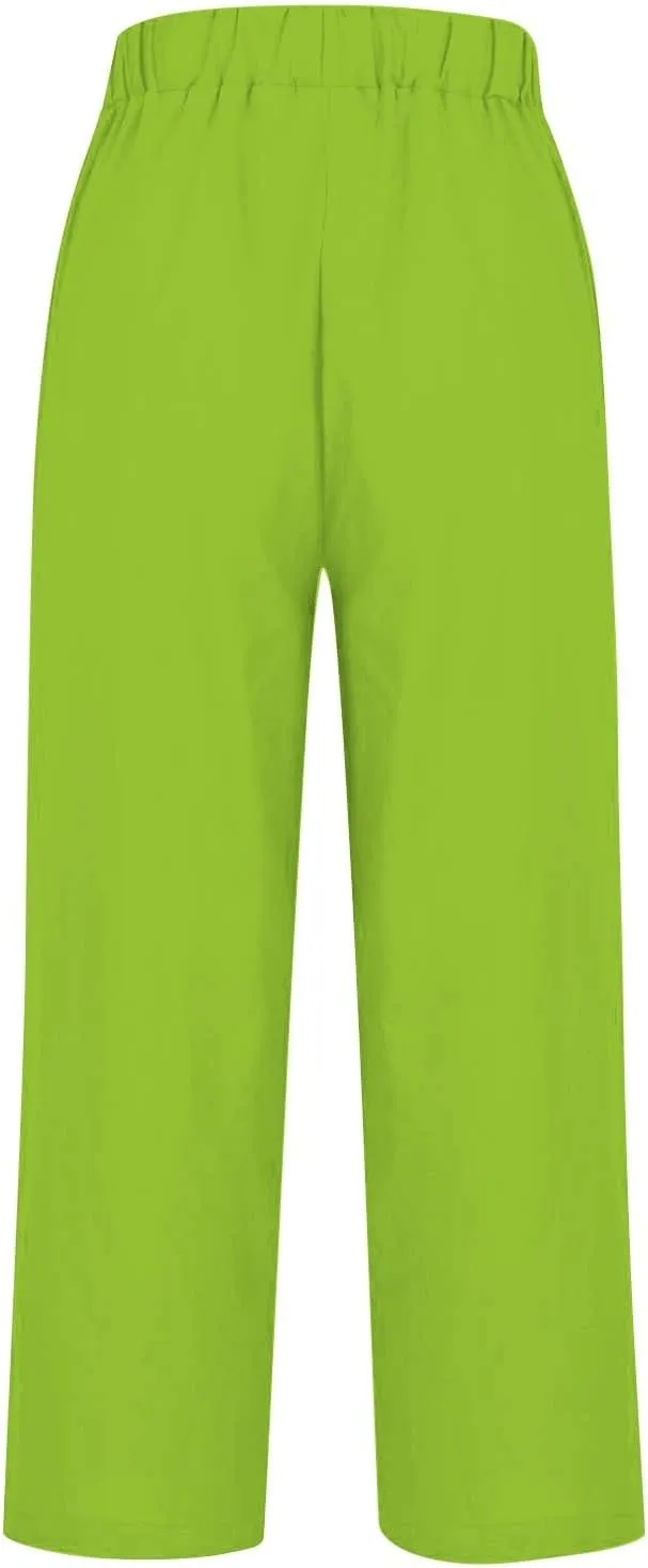 White Linen Pants Women Elastic Pants Long Drawstring Linen Women Waist Cotton Casual Slit Trouser Legs Pants