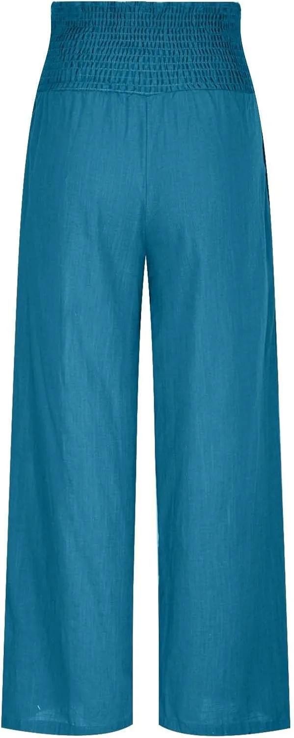 Wide Leg Pants for Women Summer Trendy Cotton Linen Palazzo Pants Smocked High Waisted Boho Trousers with Pockets