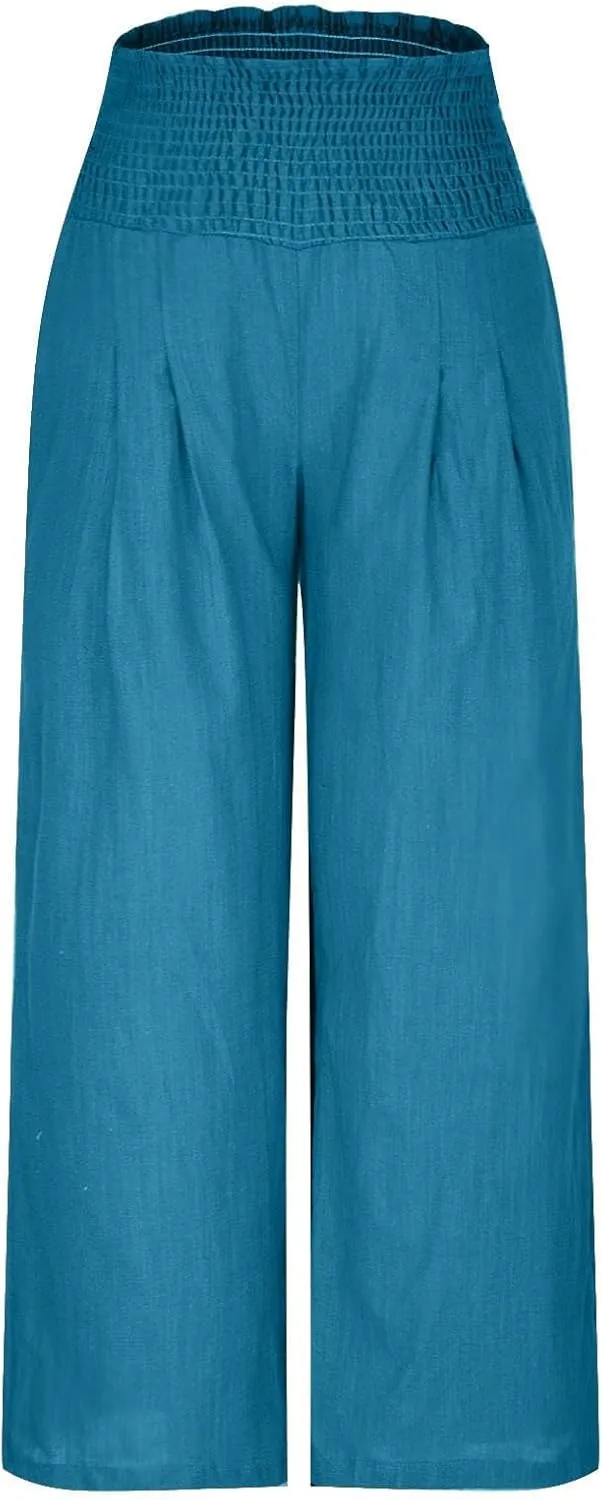 Wide Leg Pants for Women Summer Trendy Cotton Linen Palazzo Pants Smocked High Waisted Boho Trousers with Pockets