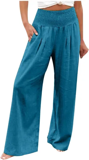 Wide Leg Pants for Women Summer Trendy Cotton Linen Palazzo Pants Smocked High Waisted Boho Trousers with Pockets