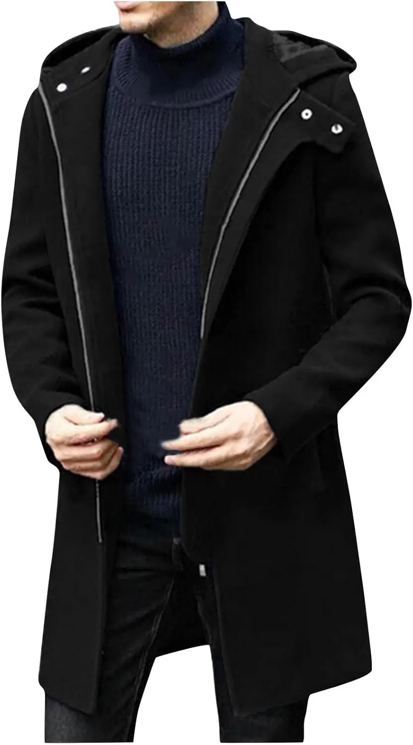 Winter Jackets for Men Long Trench Coat Zip Up Jacket with Hood Wool Blend Peacoat Warm Thick Outerwear 2024