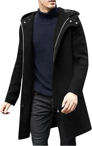 Winter Jackets for Men Long Trench Coat Zip Up Jacket with Hood Wool Blend Peacoat Warm Thick Outerwear 2024