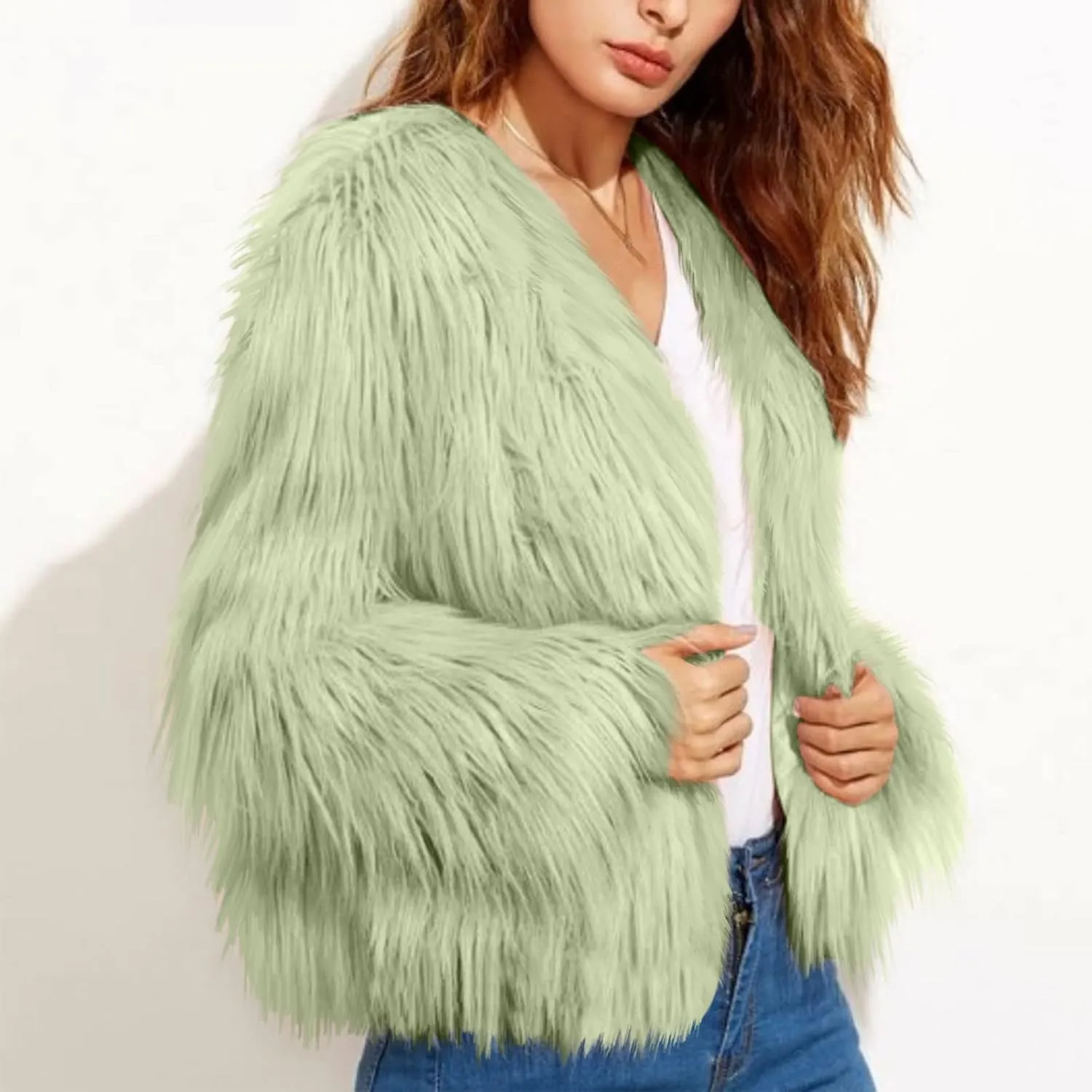 Winter Jackets for Women Open Front Faux Fur Coat Womens Fringe Jacket Fluffy Cardigan Long Sleeve Outwear Shaggy Jacket