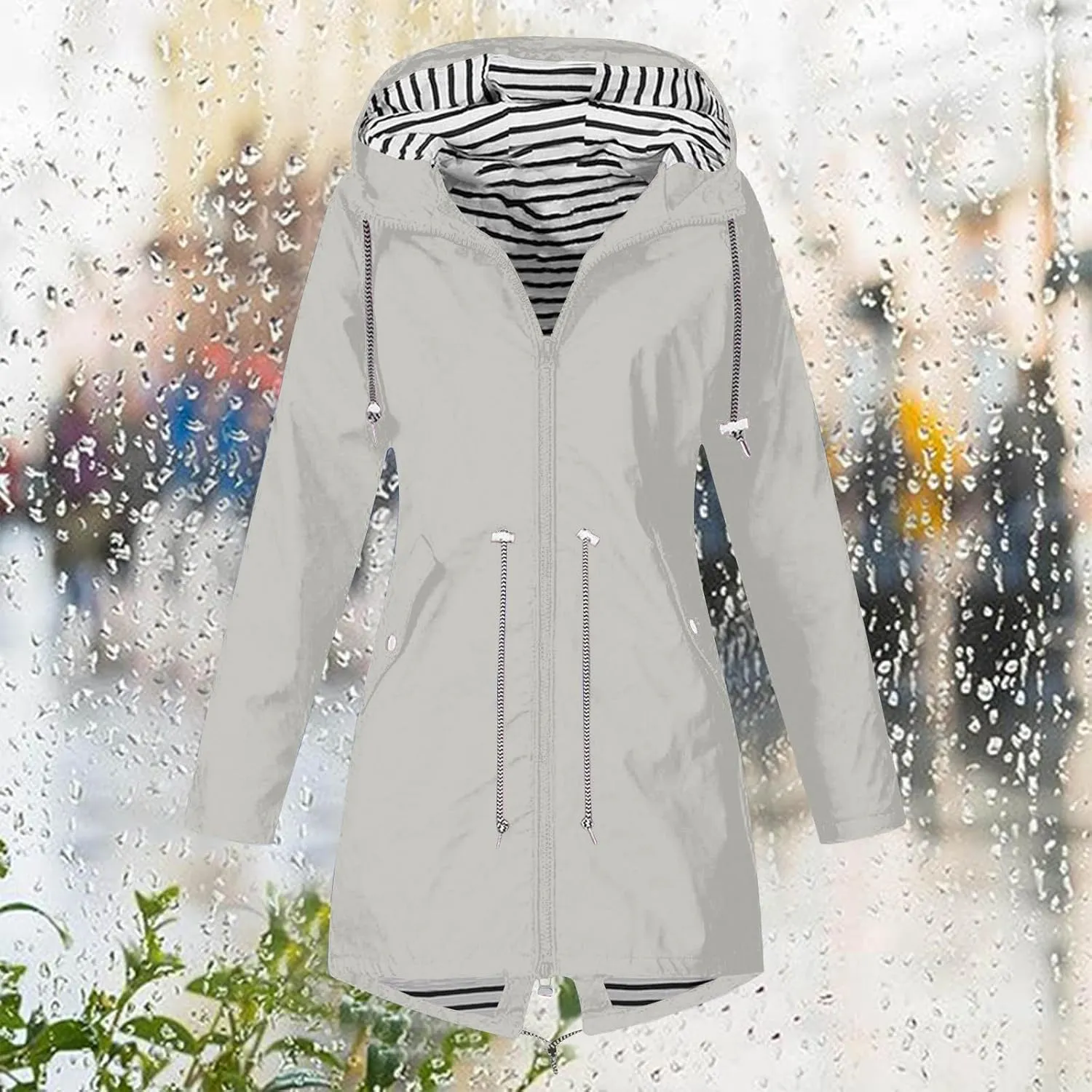 Wkishenl Rain Jacket Women Travel Waterproof Long Rain Coats Lightweight Hooded Windbreaker Trench Coats for Outdoor