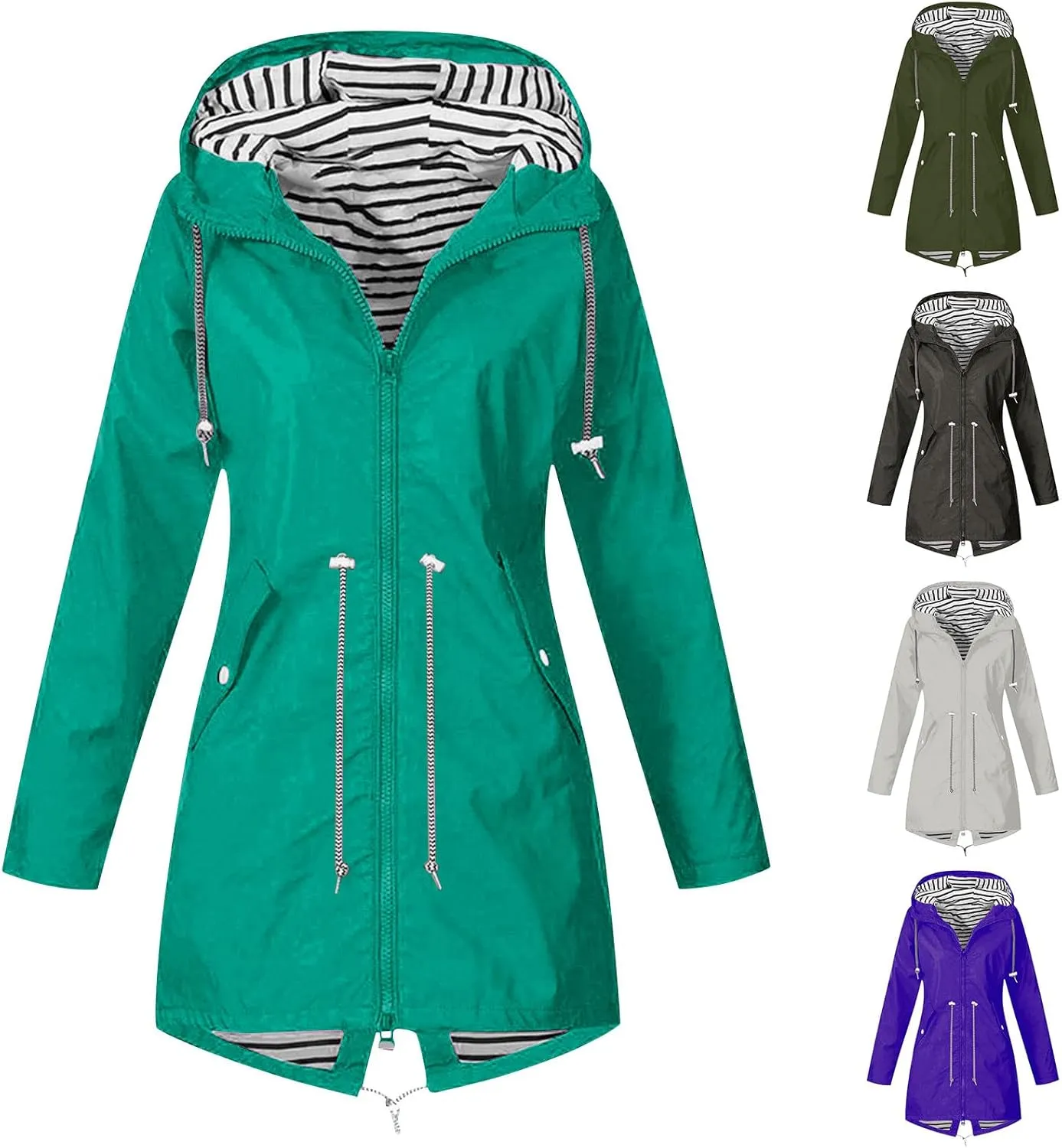 Wkishenl Rain Jacket Women Travel Waterproof Long Rain Coats Lightweight Hooded Windbreaker Trench Coats for Outdoor