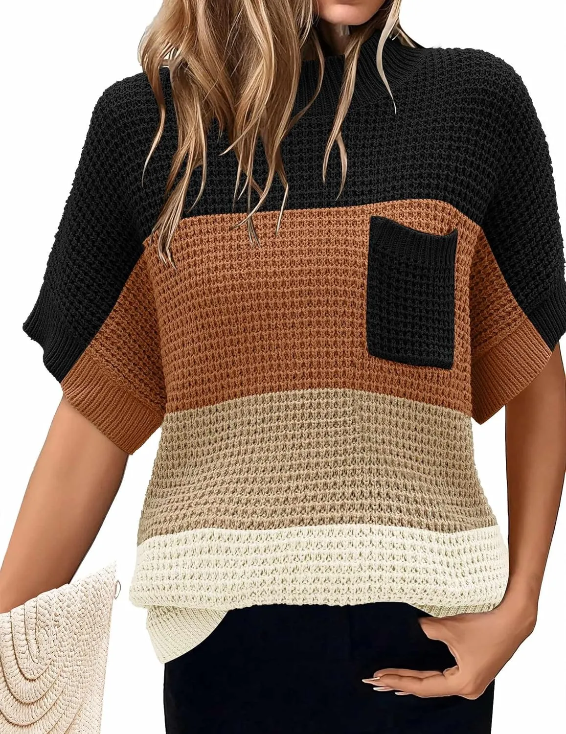 Women 2024 Sweater Vest Mock Neck Batwing Short Sleeve Oversized Ribbed Knit Tops Fall Pullover Sweater S-XXL