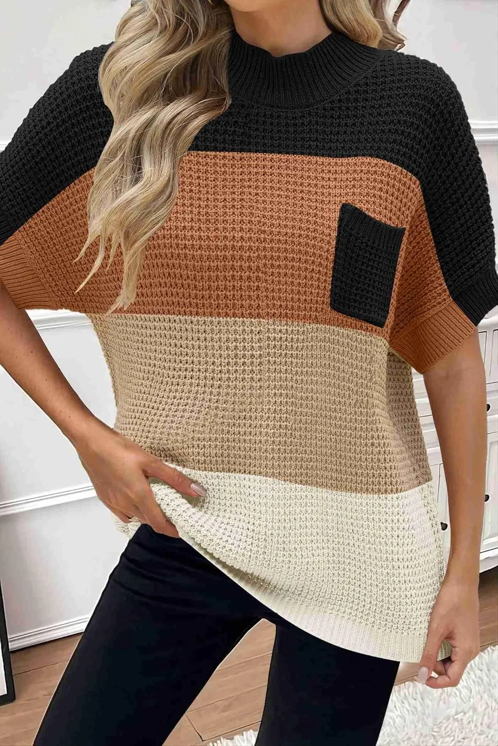 Women 2024 Sweater Vest Mock Neck Batwing Short Sleeve Oversized Ribbed Knit Tops Fall Pullover Sweater S-XXL