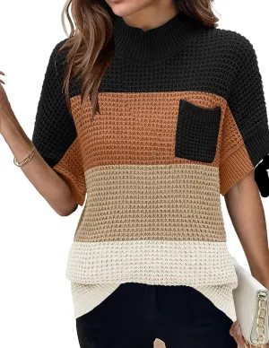 Women 2024 Sweater Vest Mock Neck Batwing Short Sleeve Oversized Ribbed Knit Tops Fall Pullover Sweater S-XXL