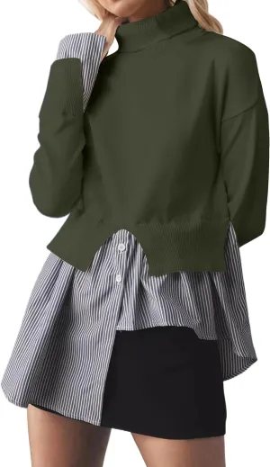 Women Asymmetrical Patchwork Sweaters Slit Turtleneck Pullover Sweater Dress 2 in 1 Sweater Shirt Tunic Sweater Tops