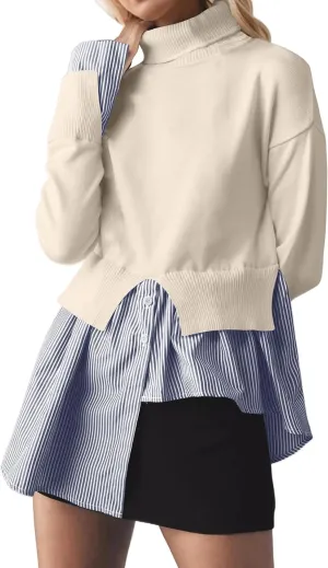 Women Asymmetrical Patchwork Sweaters Slit Turtleneck Pullover Sweater Dress 2 in 1 Sweater Shirt Tunic Sweater Tops