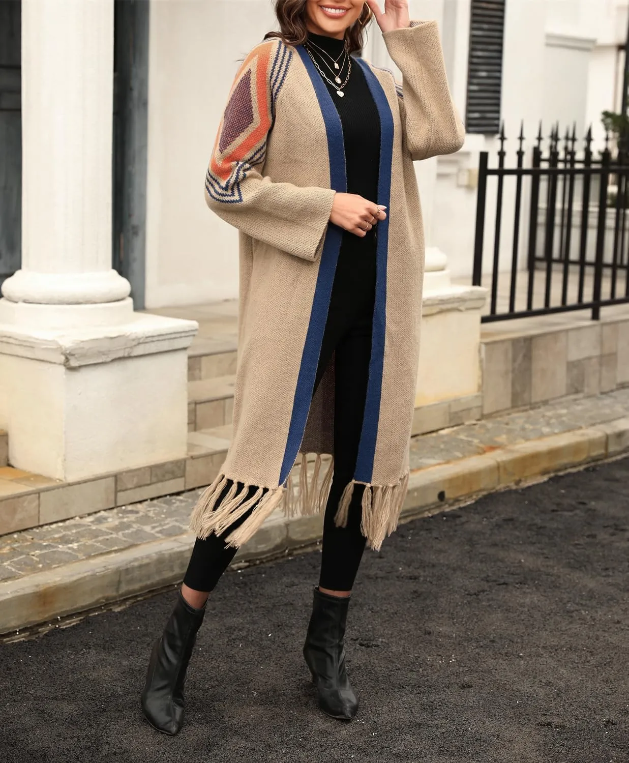 Women Boho Cardigan Sweater Long Open Front Western Aztec Tribal Tassel Fringe Knit Sweaters Vintage Hippie Clothes