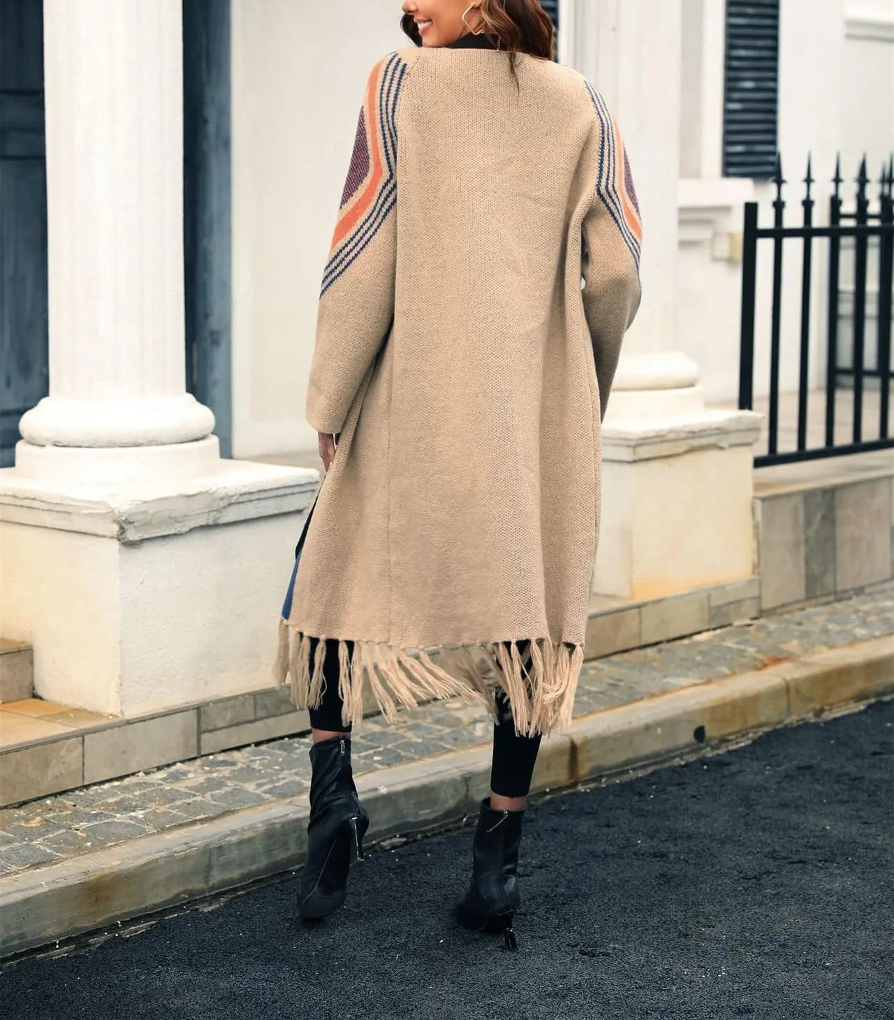 Women Boho Cardigan Sweater Long Open Front Western Aztec Tribal Tassel Fringe Knit Sweaters Vintage Hippie Clothes