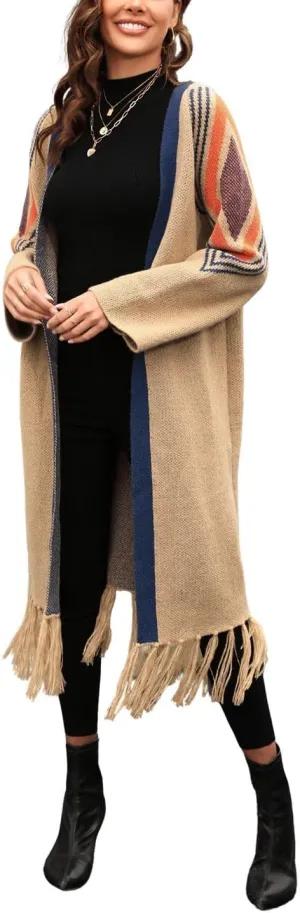 Women Boho Cardigan Sweater Long Open Front Western Aztec Tribal Tassel Fringe Knit Sweaters Vintage Hippie Clothes