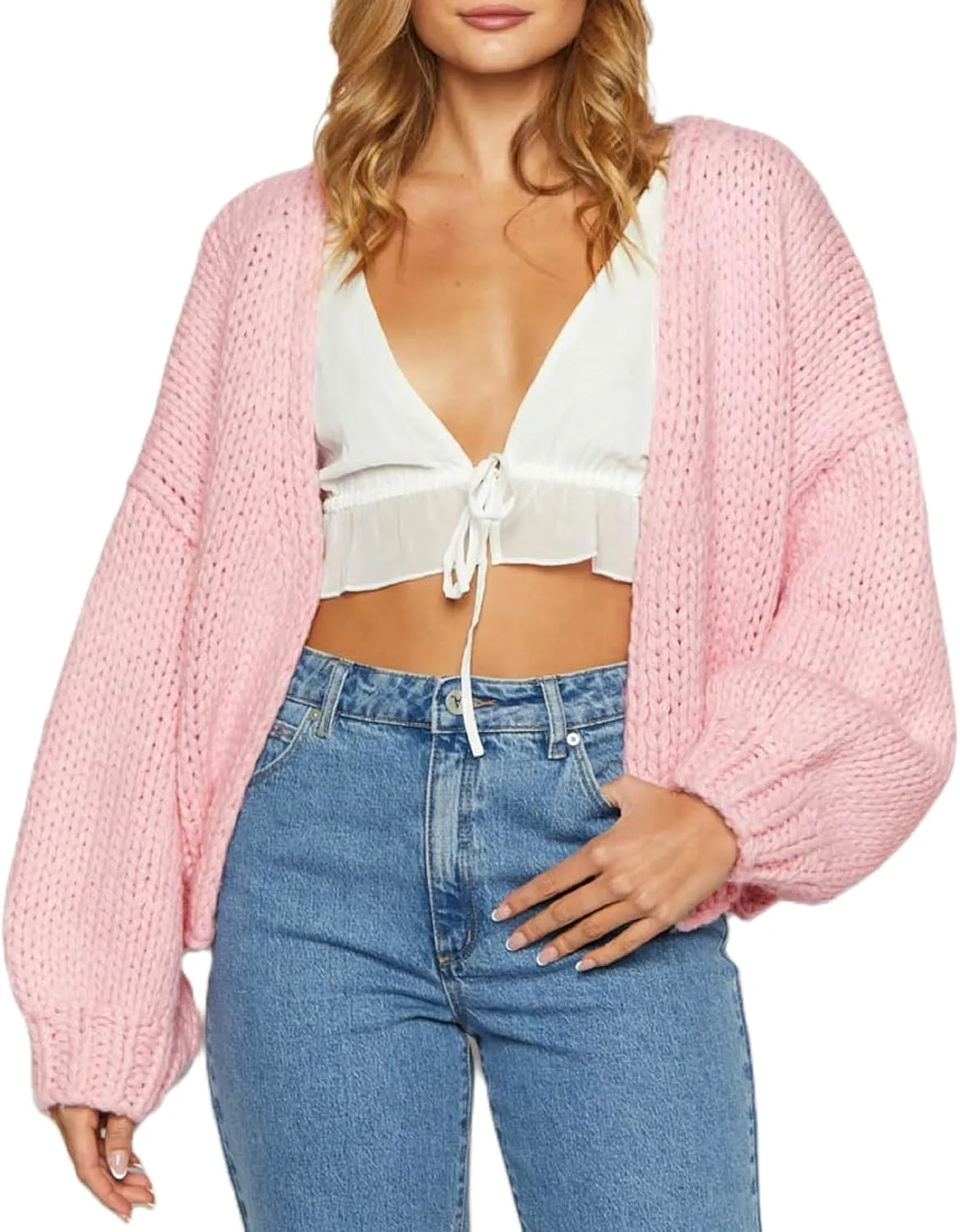 Women Cable Knit Cropped Cardigan Long Lantern Sleeve Open Front Chunky Sweater Oversized Y2k Knitwear Coat