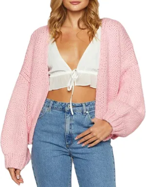 Women Cable Knit Cropped Cardigan Long Lantern Sleeve Open Front Chunky Sweater Oversized Y2k Knitwear Coat