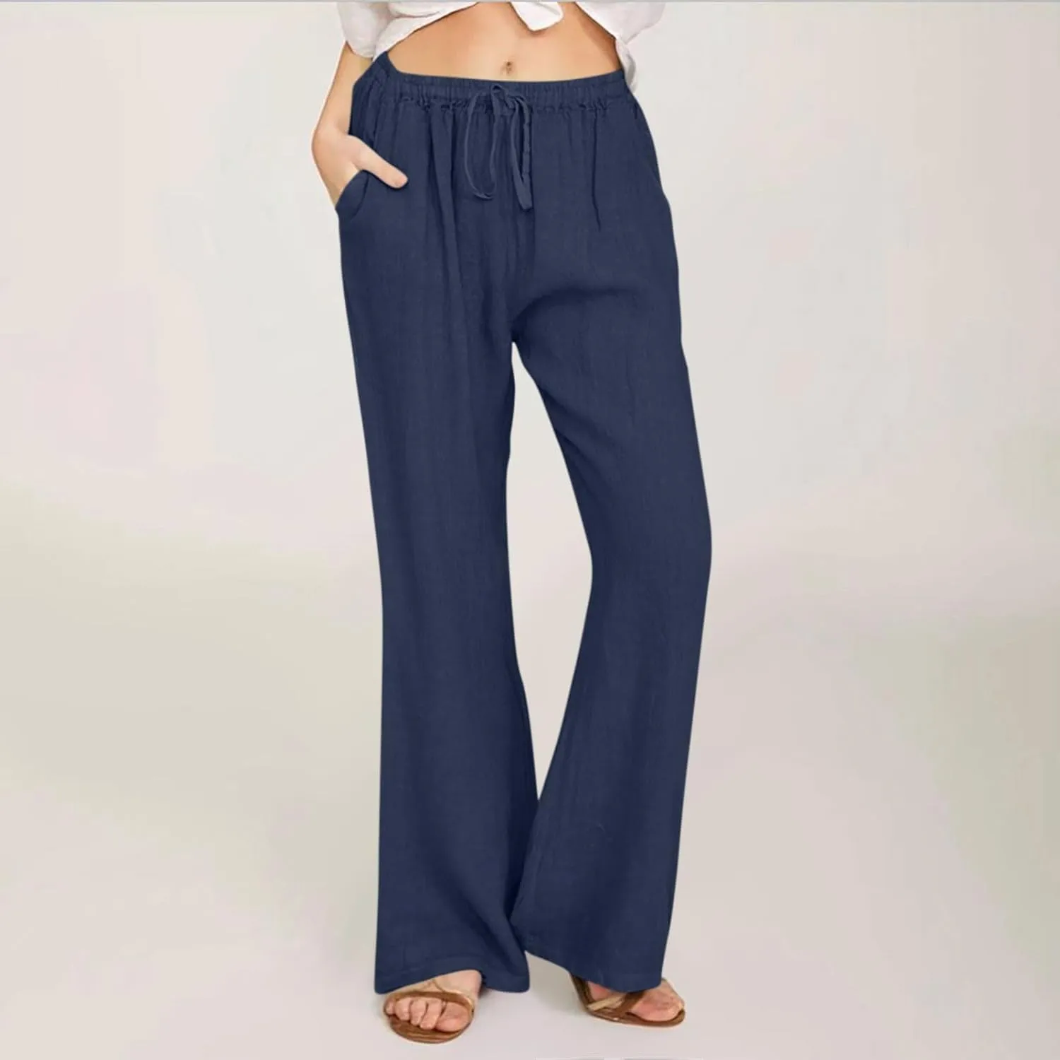 Women Cotton Linen Drawstring Wide Leg Pants Straight Elastic High Waisted Pants Summer Loose Lounge Outdoor Trousers