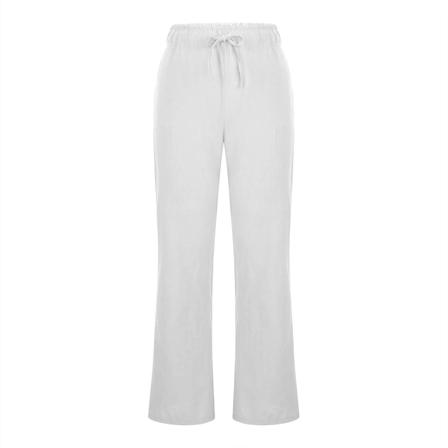 Women Cotton Linen Drawstring Wide Leg Pants Straight Elastic High Waisted Pants Summer Loose Lounge Outdoor Trousers