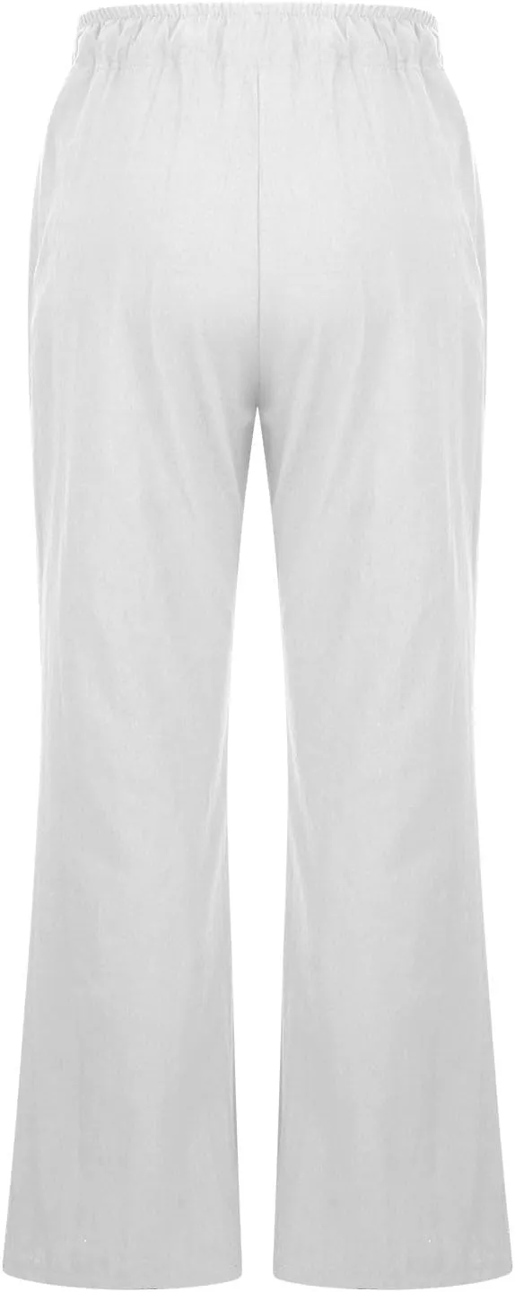 Women Cotton Linen Drawstring Wide Leg Pants Straight Elastic High Waisted Pants Summer Loose Lounge Outdoor Trousers