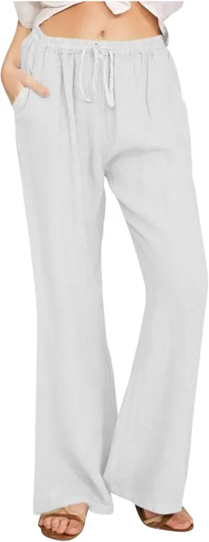 Women Cotton Linen Drawstring Wide Leg Pants Straight Elastic High Waisted Pants Summer Loose Lounge Outdoor Trousers