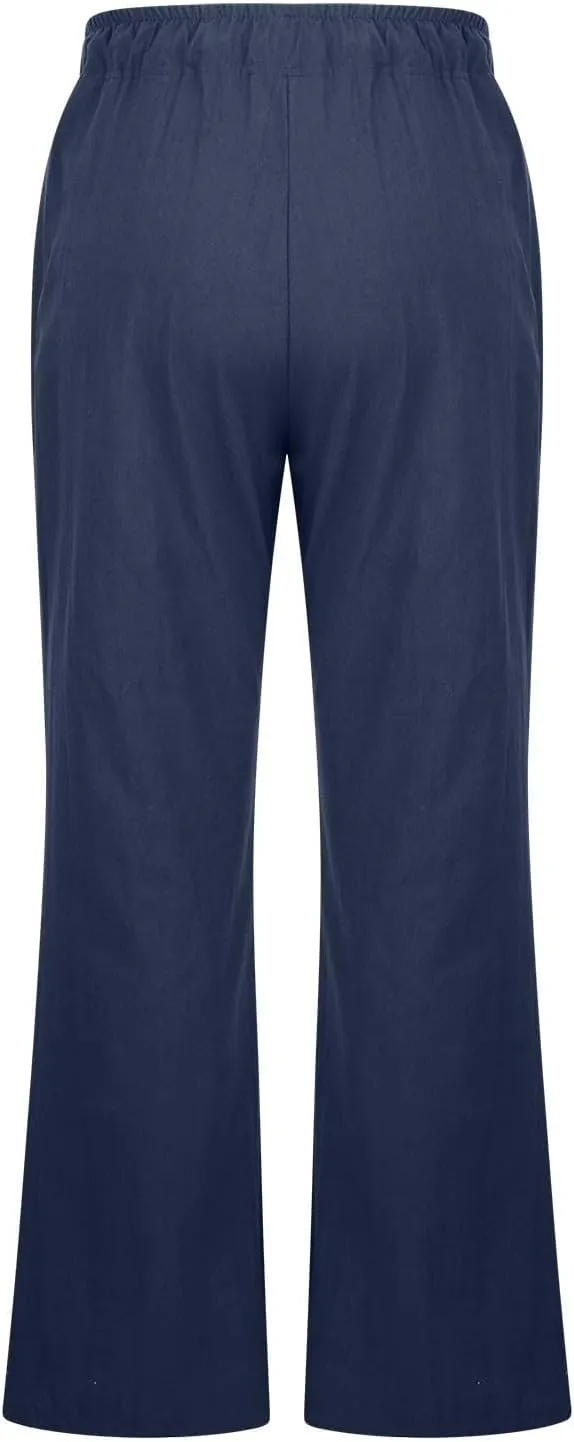 Women Cotton Linen Drawstring Wide Leg Pants Straight Elastic High Waisted Pants Summer Loose Lounge Outdoor Trousers