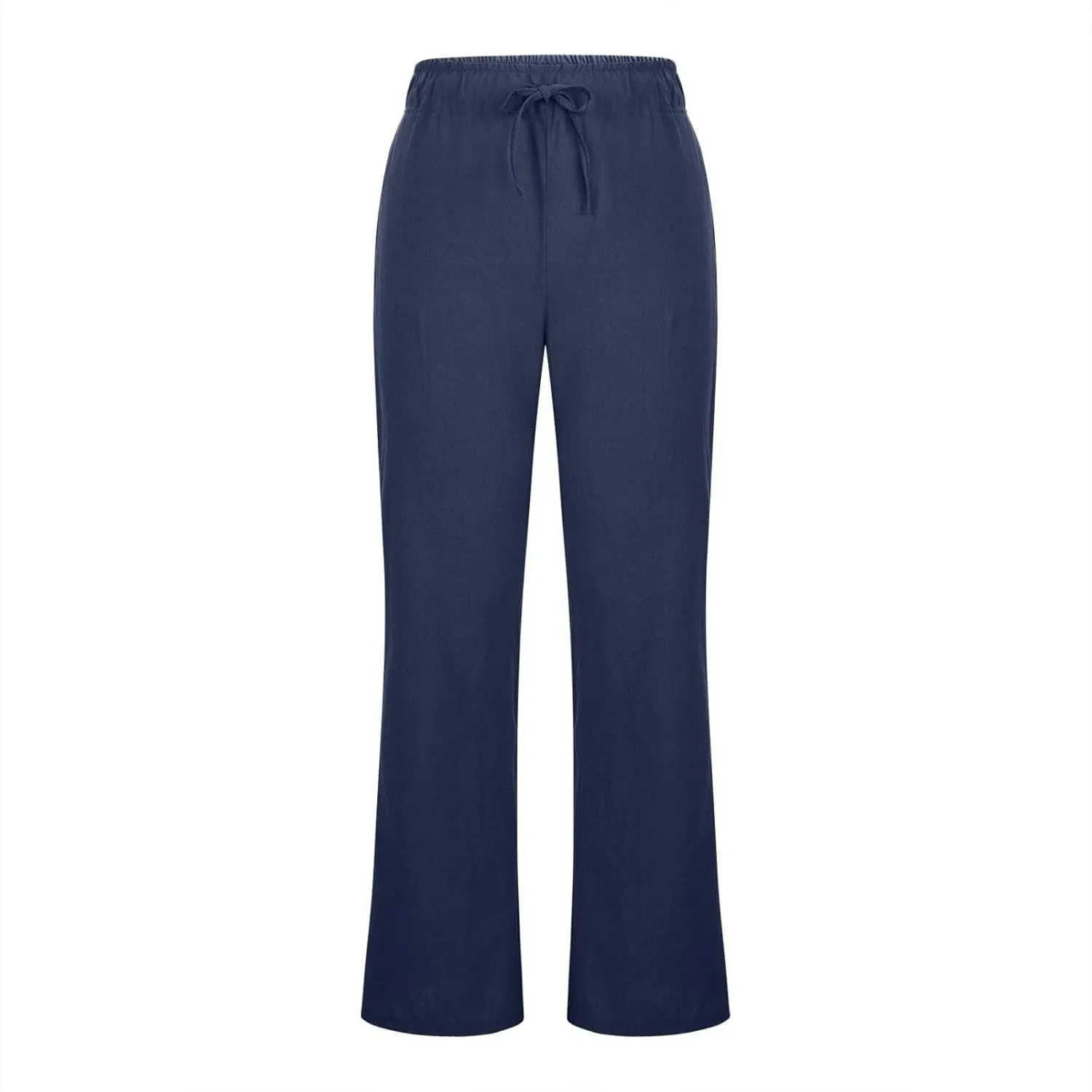 Women Cotton Linen Drawstring Wide Leg Pants Straight Elastic High Waisted Pants Summer Loose Lounge Outdoor Trousers